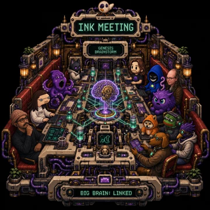 404 Machine artwork: an Ink community gathered around a glowing mechanical table